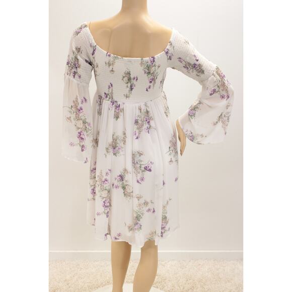 Torrid Dress Women's 1X Midi White Chiffon Smocked Floral Bell Sleeves Lined - Picture 3 of 9